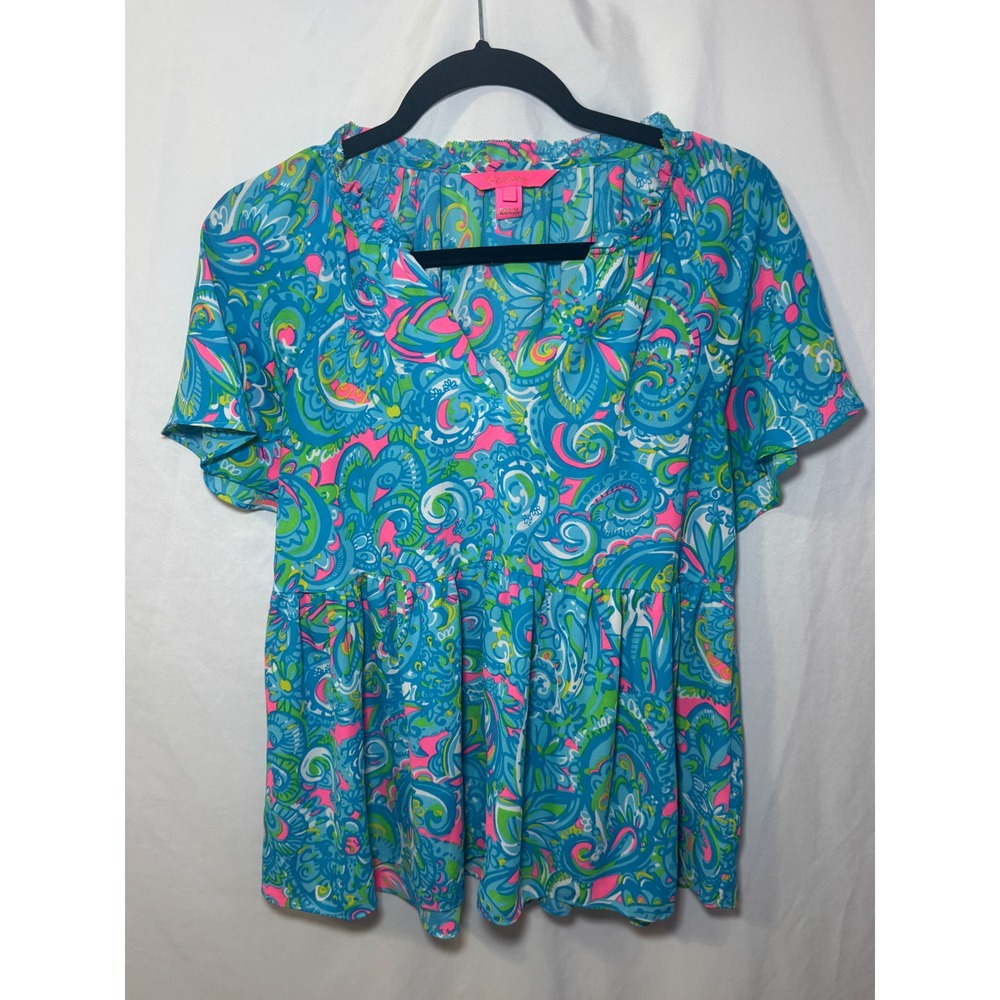 Lilly Pulitzer Zadie Top S Seabreeze Blue Hey Gull Friend Paisley Preppy Coastal